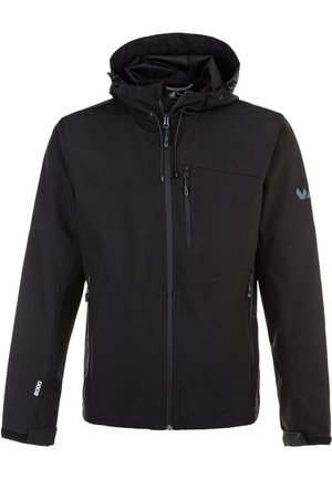 Zwarte softshell jas met een capuchon, een ritssluiting aan de voorkant, twee zijzakken en een borstzak. Heeft een soepele textuur en een atletisch ontwerp.
