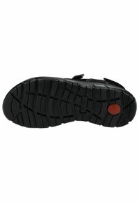 Schwarze Schuhsohle mit tiefen Profilen für Traktion, aus Gummi gefertigt. Verfügt über eine abgerundete Zehenpartie und ein geprägt Logo an der Unterseite.