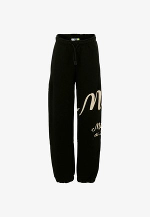 Sorte sweatpants med en afslappet pasform, der har elastisk talje og afslutninger. Cremerfarvet grafisk tekst trykt på det ene ben.