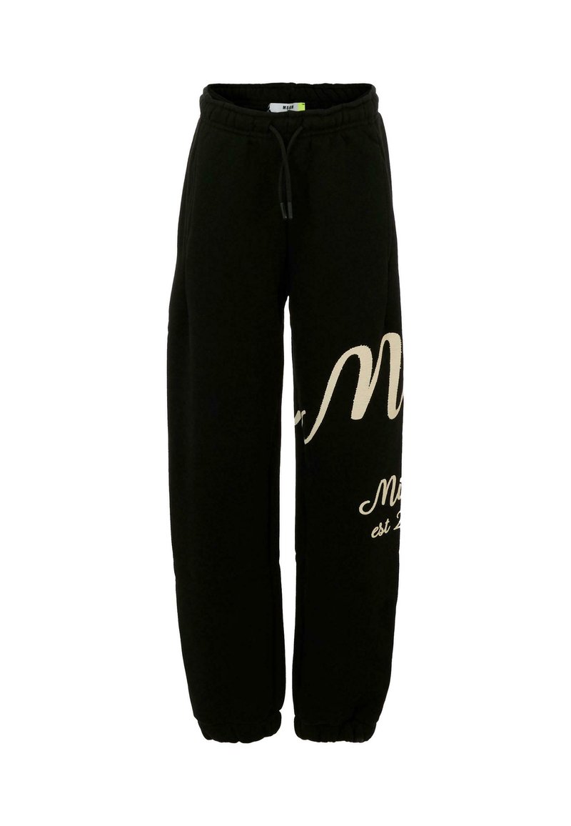 Zwarte sweatpants met een relaxte pasvorm, voorzien van een elastische tailleband en boorden. Crème-kleurige grafische tekst gedrukt op één been.