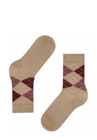 Calze beige con un motivo a rombi argyle in bordeaux e rosa, con una texture liscia e un accento decorativo argentato.
