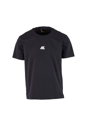 Sort kortærmet t-shirt lavet af blødt stof, med rund halsudskæring og et lille hvidt logo på brystet. Minimalistisk design.