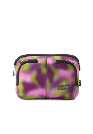 Kleine Tasche mit Reißverschluss, violettem, pinkem und grünem abstraktem Muster, zwei vorderen Taschen und schwarzem Besatz.