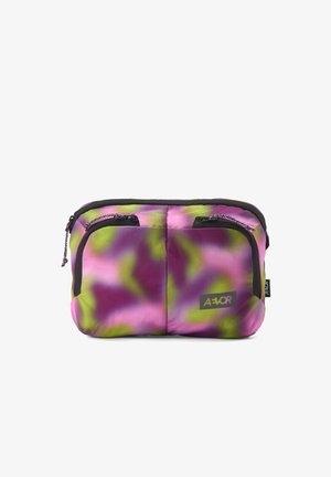 Kleine Tasche mit Reißverschluss, violettem, pinkem und grünem abstraktem Muster, zwei vorderen Taschen und schwarzem Besatz.