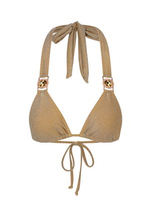 Gouden glanzende bikinitop met driehoekige cups, verstelbare knopen in de nek en op de rug, met decoratieve ronde hardware op de banden.