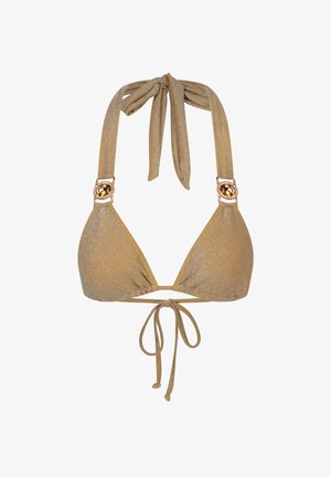 Kulta hehkuva bikinitoppi kolmionmuotoisilla kupeilla, säädettävät nauhat kaulassa ja selässä, joissa on koristeellisia pyöreitä metalliosia hihnoissa.