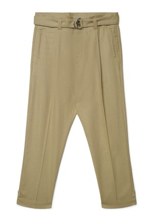 Pantaloni beige su misura con tasche inclinate frontali, cintura doppio anello a D, gambe affusolate e cinturini regolabili all'orlo.