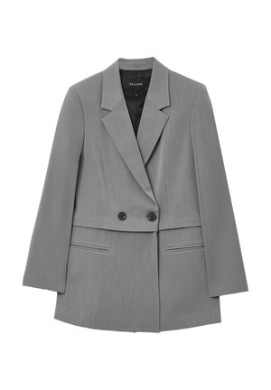 Grauer, maßgeschneiderter Blazer mit langen Ärmeln, doppelreihiger Knopfverschluss, zwei Fronttaschen und einem glatten, strukturierten Stoff. Markenetikett sichtbar innen.