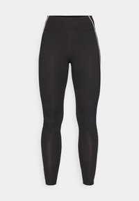 Svart tights laget av elastisk materiale med høy midje. Har hvite side-striper og en jevn tekstur gjennom hele.