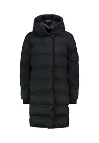 Schwarzer Steppmantel mit Kapuze, ausgestattet mit einem gesteppten Design, Druckknopfverschluss und gerippten Bündchen. Glatte, matte Oberfläche ohne sichtbare Muster.