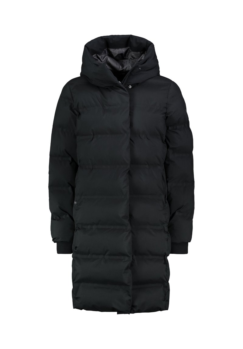 Schwarzer Steppmantel mit Kapuze, ausgestattet mit einem gesteppten Design, Druckknopfverschluss und gerippten Bündchen. Glatte, matte Oberfläche ohne sichtbare Muster.