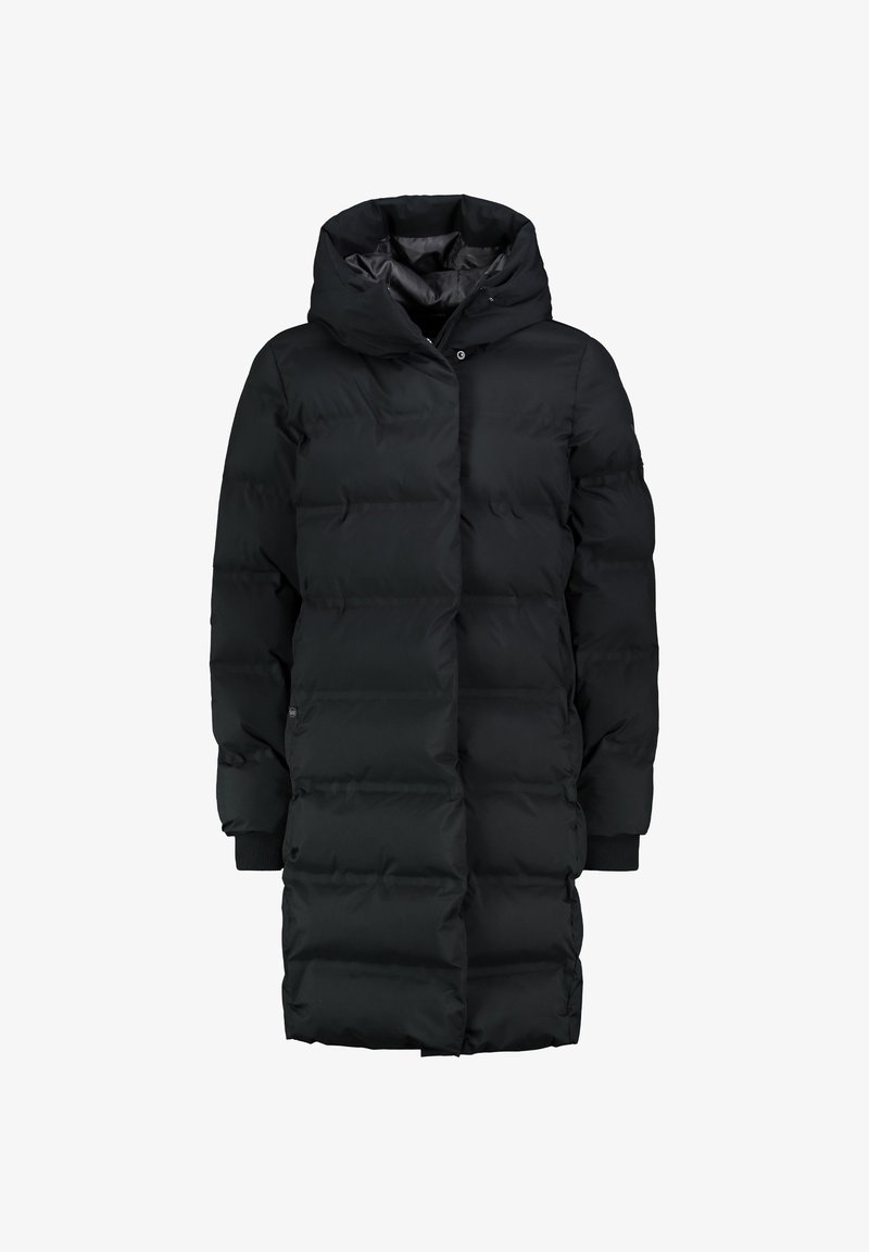 Schwarzer Steppmantel mit Kapuze, ausgestattet mit einem gesteppten Design, Druckknopfverschluss und gerippten Bündchen. Glatte, matte Oberfläche ohne sichtbare Muster.