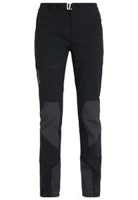 Svarta utomhusbyxor med grå knäskydd, tillverkade av slitstarkt material. Har dragkedjefickor och en åtsittande bälte för en säker passform.