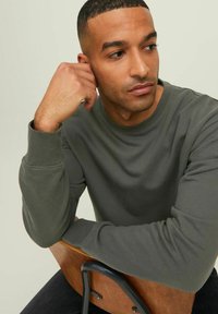 Dark green sweatshirt with a classic round neckline, long sleeves, and ribbed cuffs, paired with a wooden chair in a neutral backdrop.