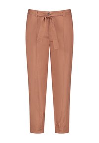 Hochtaillierte, rostfarbene Hose mit einem Stoffgürtel, der zu einer Schleife gebunden ist, Knopfverschluss vorne und tapered Beinen mit sichtbaren Nähten.