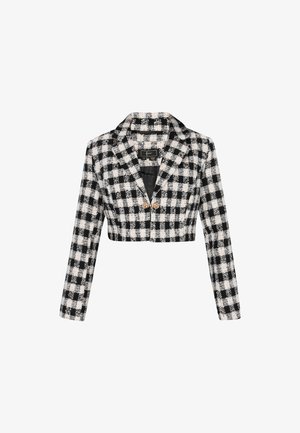 Geknipte blazer in zwart-wit geblokt patroon, met een geknoopte kraag, lange mouwen en twee goudkleurige knopen aan de voorkant.