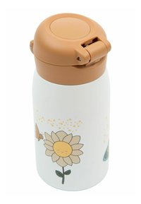 Plastmasas termiskā pudele ar brūnu vāciņu. Tam ir balts korpuss, kuru rotā smaidīgs saulespuķu attēls un tauriņš, ar mīkstām pasteļkrāsām.
