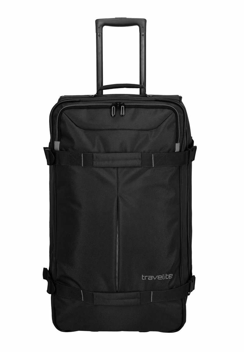 Valigia nera con manico retrattile, realizzata in tessuto, dotata di scomparti con zip e cinghie regolabili sul davanti.