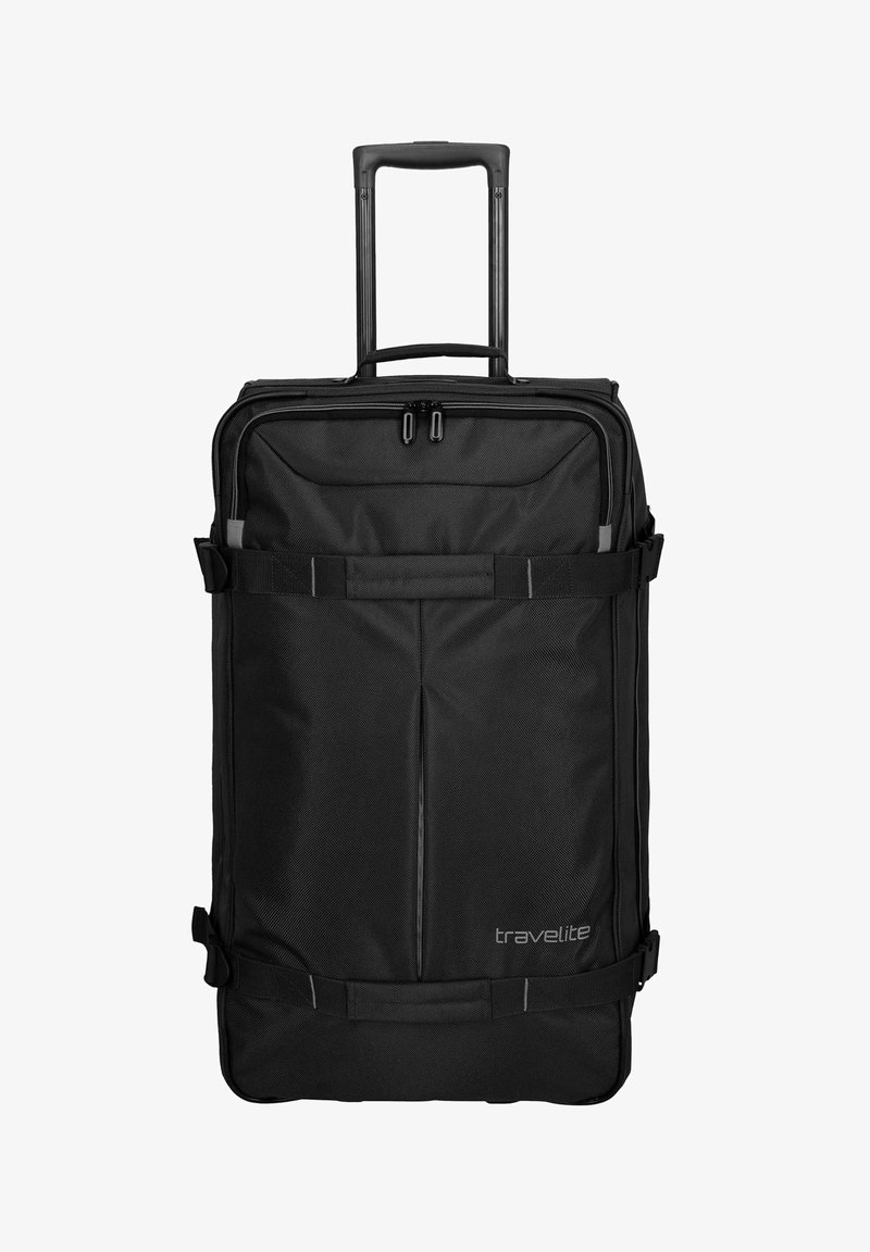 Valigia nera con manico retrattile, realizzata in tessuto, dotata di scomparti con zip e cinghie regolabili sul davanti.