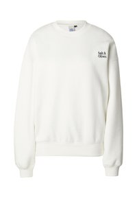 Balts džemperis ar ribotiem aprocēm un apakšu. Kreisajā krūtīs tumši zili izšūts teksts "Salt & Olives". Mīksta tekstūra.