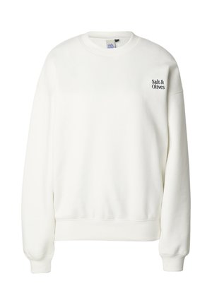 Biała bluza z prążkowanymi mankietami i dołem. Na lewej piersi wyszyty tekst "Salt & Olives" w ciemnoniebieskim kolorze. Miękka w dotyku.