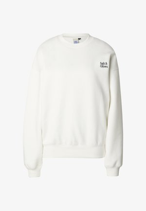 Sweat-shirt blanc avec poignets et ourlet côtelés. Présente le texte « Salt & Olives » brodé en bleu foncé sur le côté gauche de la poitrine. Texture douce.