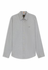 Hemd mit langen Ärmeln, graues karriertes Muster, mit Button-Down-Kragen, weißen Knöpfen und einem dezenten Logo auf der Brust. Strukturierter Stoff, normale Passform.