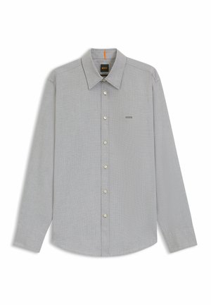 Long-sleeve, gray checkered shirt with a button-down collar, featuring white buttons and a subtle logo on the chest. Textured fabric, regular fit.