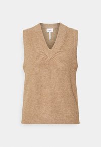 Beige bezrukávový pletený top s výstřihem do V, rybářskou strukturou a čistými okraji. Jednoduchý design, vhodný na vrstvení nebo nošení samostatně.