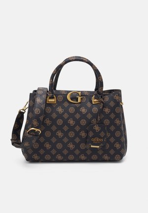 Sort og brun mønstret Guess håndtaske med gyldent "G" lukke, tophåndtag, aftagelig skulderrem og logo-tag med "Guess Est 1981."