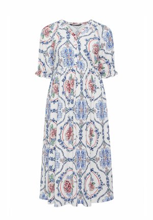 Valkoinen midi-mekko, jossa on lyhyet hihat, V-pääntie ja sinisiä sekä vaaleanpunaisia kukkakuvioita, jotka on aseteltu pyöreisiin muodostelmiin.