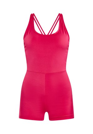 Rózsaszín, ujjatlan jumpsuit, vékony keresztpántokkal, sima textúrával, testhez simuló fazonnal és rövid lábrésszel.