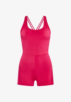 Rózsaszín, ujjatlan jumpsuit, vékony keresztpántokkal, sima textúrával, testhez simuló fazonnal és rövid lábrésszel.