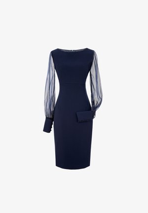 Granatowa dopasowana sukienka z przezroczystymi długimi rękawami, usztywnionym korpusem, dekoltem łódkowym oraz zapięciem na guziki przy mankietach. Zawiera detal w postaci kieszeni bocznej.
