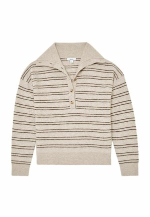 Bézs kötött pulóver nagy gallérral, barna vízszintes csíkokkal díszítve. Háromgombos lezárással, bordázott mandzsettával és szegéllyel rendelkezik.