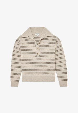 Bézs kötött pulóver nagy gallérral, barna vízszintes csíkokkal díszítve. Háromgombos lezárással, bordázott mandzsettával és szegéllyel rendelkezik.