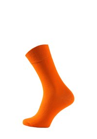 Orange Baumwollsocke mit geripptem Bund, glatter Textur und schlichtem Design. Sie hat keine Muster oder Akzente.