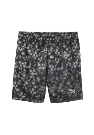 Sorte og grå atletiske shorts med hexagonmønster, elastik i taljen og hvid Puma-logo på højre ben.