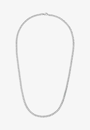 Collana in argento con finitura lucida, caratterizzata da anelli ovali intrecciati, una superficie liscia e una chiusura a moschettone.