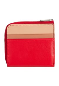 Portafoglio in pelle rossa con chiusura a zip, dotato di tre scomparti per carte in toni beige a contrasto, texture liscia e dettagli cuciti.