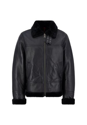 Črna usnjena jakna z mehkimi ovratnikom in manšetami iz črnega umetnega krzna. Ima sprednji zadrge, sprednje žepe in strukturno zasnovo.