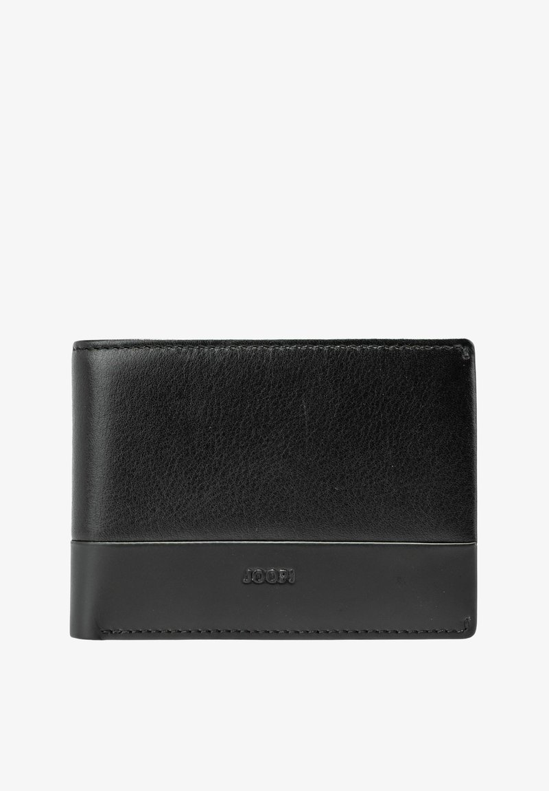 Portefeuille en cuir noir présentant une texture lisse, une forme rectangulaire et un logo embossé. Il présente des coutures contrastantes et un design minimaliste.