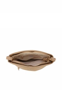Borsa a mano in pelle color cuoio con una superficie liscia, dotata di un scomparto principale con zip e di una tasca interna più piccola, all'insegna di un design minimalista.