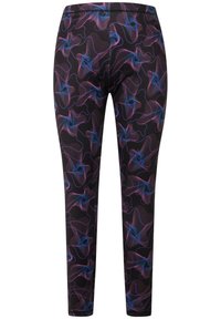 Leggings neri con un motivo ondulato nei toni di viola e blu, realizzati in materiale elastico con una vestibilità aderente lungo le gambe.