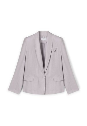 Licht lavendelkleurige blazer met een enkele knoop, getailleerde revers, twee voorkruiden en een kleine driehoekige accent aan de linkerkant.