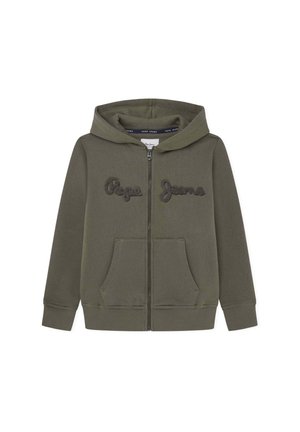 Sweat à capuche zippé vert olive avec capuche fixée, poches avant, poignets côtelés et "Pepe Jeans" brodé sur la poitrine.