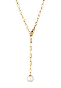 Collier en chaîne dorée avec des maillons allongés et un pendentif en perle amovible, texture lisse et finition polie.