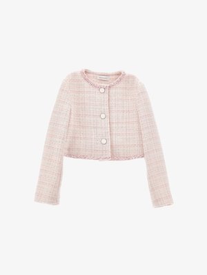 Svetlo roza tweed skrajni suknjič z dolgimi rokavi, okroglim izrezom, tremi srebrnimi gumbi in obrobami z rahlo strganimi robovi.