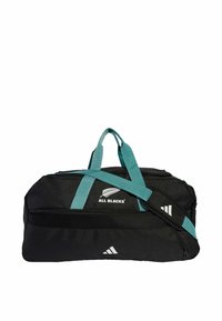 Sort duffel bag med turkise stropper, med mesh detaljer og logos for "ALL BLACKS" og "adidas," robust design til sportsbrug.