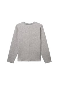 Grauer Pullover mit langen Ärmeln, Rundhalsausschnitt und lockerer Passform. Glatte Textur mit einem schlichten, unverzierten Design. Rückansicht gezeigt.